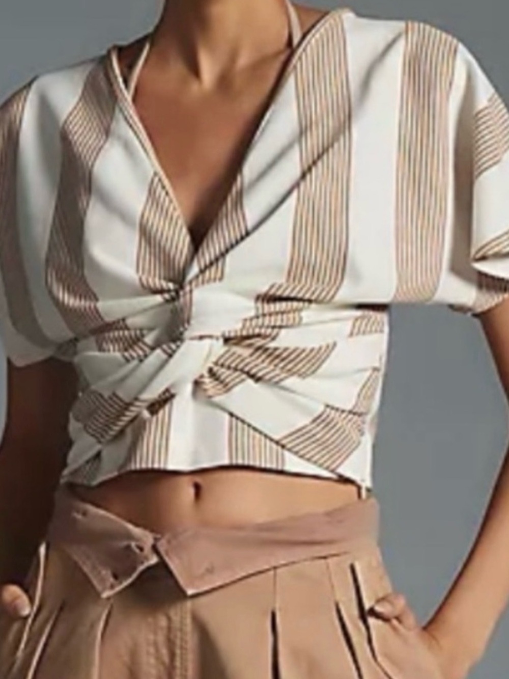 Striped Knot-Front Crop Top in Cream and Tan